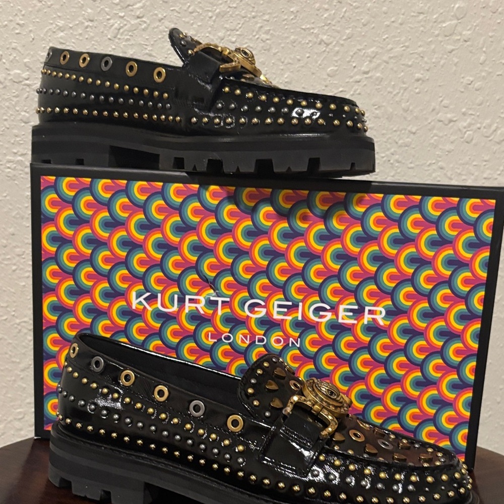 Kurt Geiger Black Patent Studded Loafers with Gold Hardware